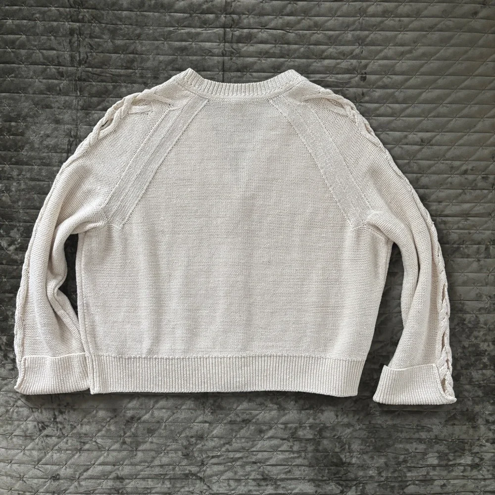 Lafayette 148 Cable Knit V-neck Linen Cotton Silk cardigan neutral cream medium